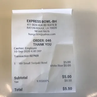the receipt for the bowl