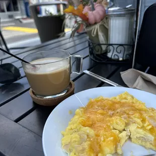 Coffee and Eggs-scrambled with turkey and cheddar!