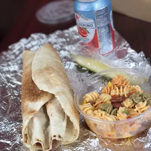 Reuben Wrap, Pasta Salad, Pickle, Sanpellegrino Sparkling Water