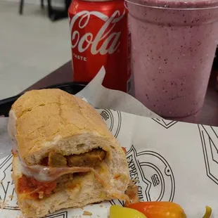 Meatball sub meal and the 3 berry smoothie.