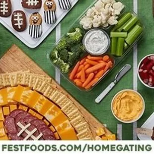 a spread of food on a football field