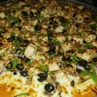 Chicken Supreme  Pizza w white sauce.