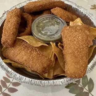 Fish sticks onion rings tortilla chips