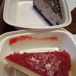 Oreo cheese cake and still frozen strawberry cheesecake. You can see the ice on top of the strawberry piece.