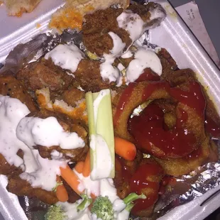 Wings and onion rings with my own veggies and ranch