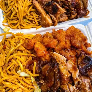 two trays of food on a table