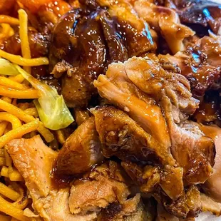 a plate of chicken and noodles