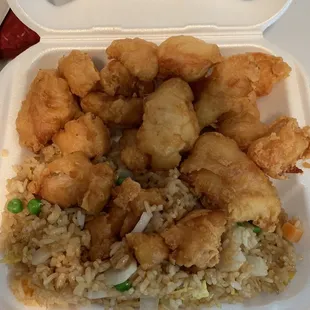 Lunch sweet and sour chicken (sauce on the side). Will ask for no onions in the fried rice next time