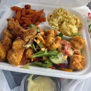 Chef&apos;s Special! Catfish &amp; shrimp on salad. Added sweet potato, &amp; potato salad. With homemade tartar sauce.