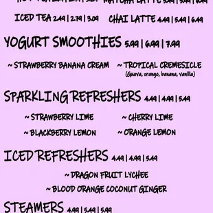 Non-coffee drinks menu