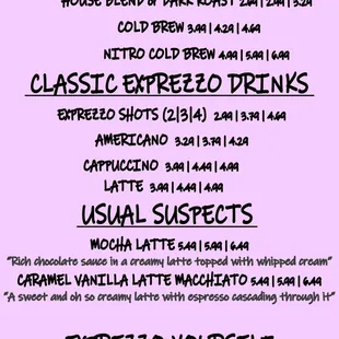 Coffee drinks menu