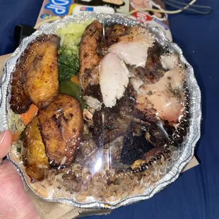 Jerk chicken plate w veggies plantains and ricendpeas