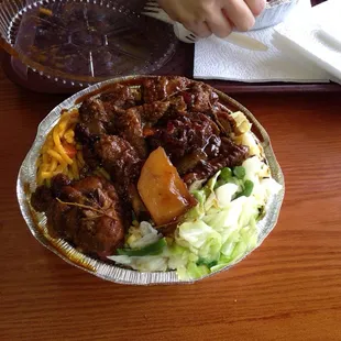 Chicken stew with lo mein and salad
