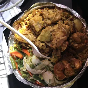 Curry chicken, rice and beans, steam veggies