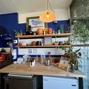 a kitchen with blue walls and shelves