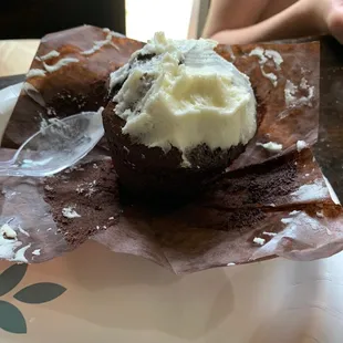 My 3-year-old&apos;s cupcake.  This kid could survive on frosting and she didn&apos;t come close to eating this.