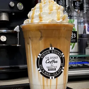 Iced caramel macchiato w/ added house made whip cream