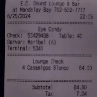 Receipt from EYE CANDY Mandalay bay hotel