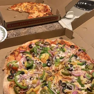 Veggie Lover Pizza and Smoked Chicken Pizza with pineapple