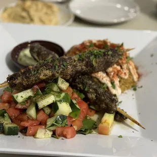 Beef Kebab Platter with Rice and Salad