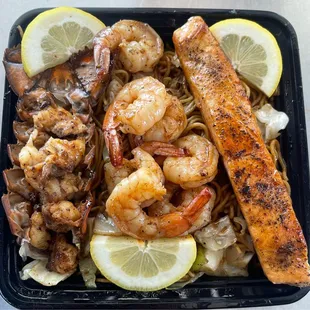 a meal of shrimp, shrimp, and noodles