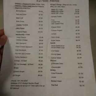 EZ Inn/Lounge Menu