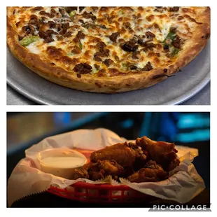 a pizza and a basket of food