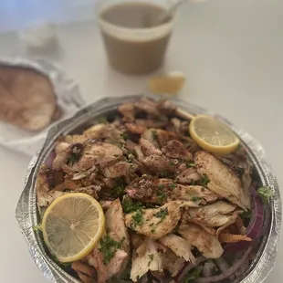 Fattoush salad with added chicken shawarma + lentil soup