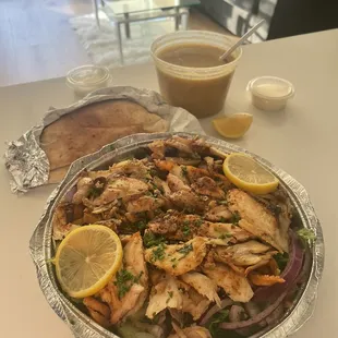 Fattoush salad with added chicken shawarma + lentil soup