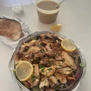 Fattoush salad with added chicken shawarma + lentil soup