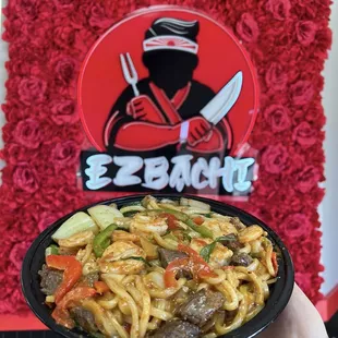 Udon steak and shrimp inferno noodles
