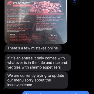text showing they know the menus wrong but haven't posted it.