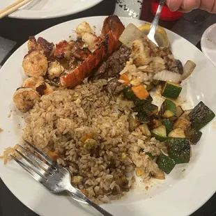 Lobster, steak and shrimp.