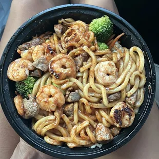 Shrimp and steak udon noodle plate
