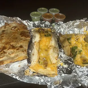 Chicken Quesadilla, pastor taco, and pastor mini tacos