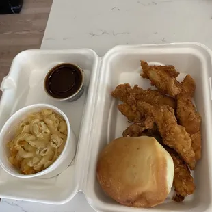 1 pins chicken tenders roll and Mac and cheese..not worth the price