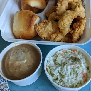 1lb original tenders, rolls, mashed potatoes and slaw.