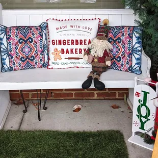 This is a view of the outside bench set up with holiday décor.  Photo taken November 26, 2023.