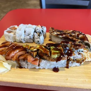 Eel Nigiri dragon roll and Philly roll