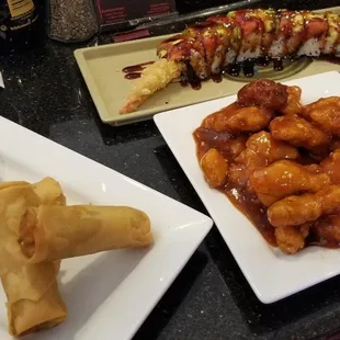 Batman roll, General Tso&apos;s chicken, Vegetable egg rolls.