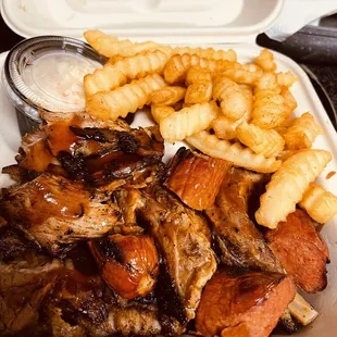 Combo plate sausage, ribs, brisket ONO ONO!!