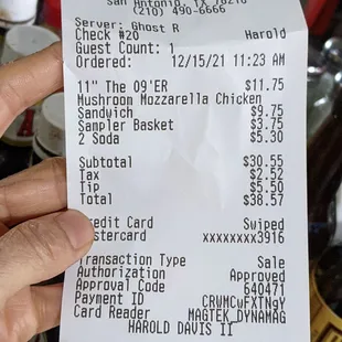 a receipt for a restaurant