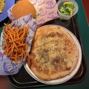 Sweet Potato Fries, Hamburger or Cheeseburger, Rustic Rosemary &amp; Salt, Steamed Veggies