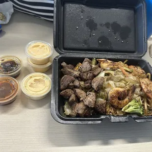 Shrimp &amp; steak (half rice/half noodle)