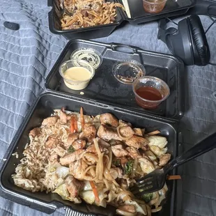 fried rice, nooodles, chicken, veggies &amp; their sauces!