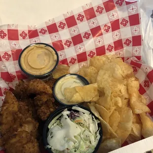 Trifecta meal with honey mustard and awesome sauce