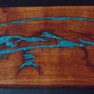 Handcrafted Wooden Cutting Board, Texas Honey Mesquite Wood with Sleeping Beauty Turquoise inlay