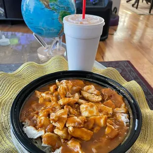 a plate of food and a drink