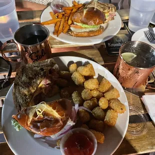 Classic Burger and Reuben with Basket of Tater Tots