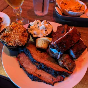 Ribs+2Meats plate with Sweet potato Casserole and Mac &amp; Cheese for sides. Pimento Cheese &amp; Bacon Dip.